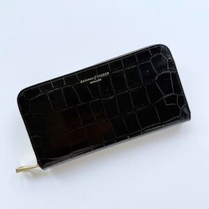 Aspinal of London Black Crocodile Embossed Leather Zip Around Continental Wallet